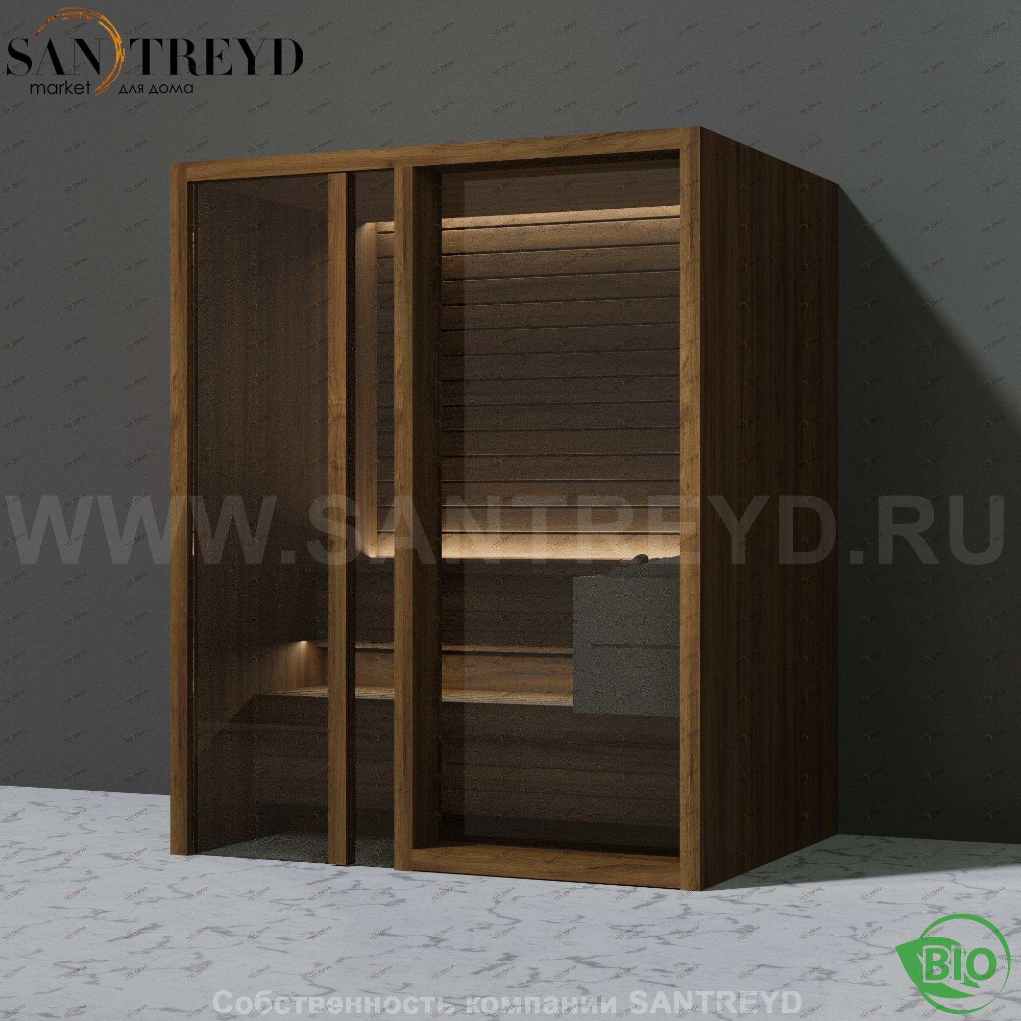 Effegibi YOKU.G45 BI.70300020 Био-сауна с левой дверью. Мощность: 4,5 кВт макс. Размеры: длина 174 см, ширина 132 см. Отделка: чёрный орех BI70300020