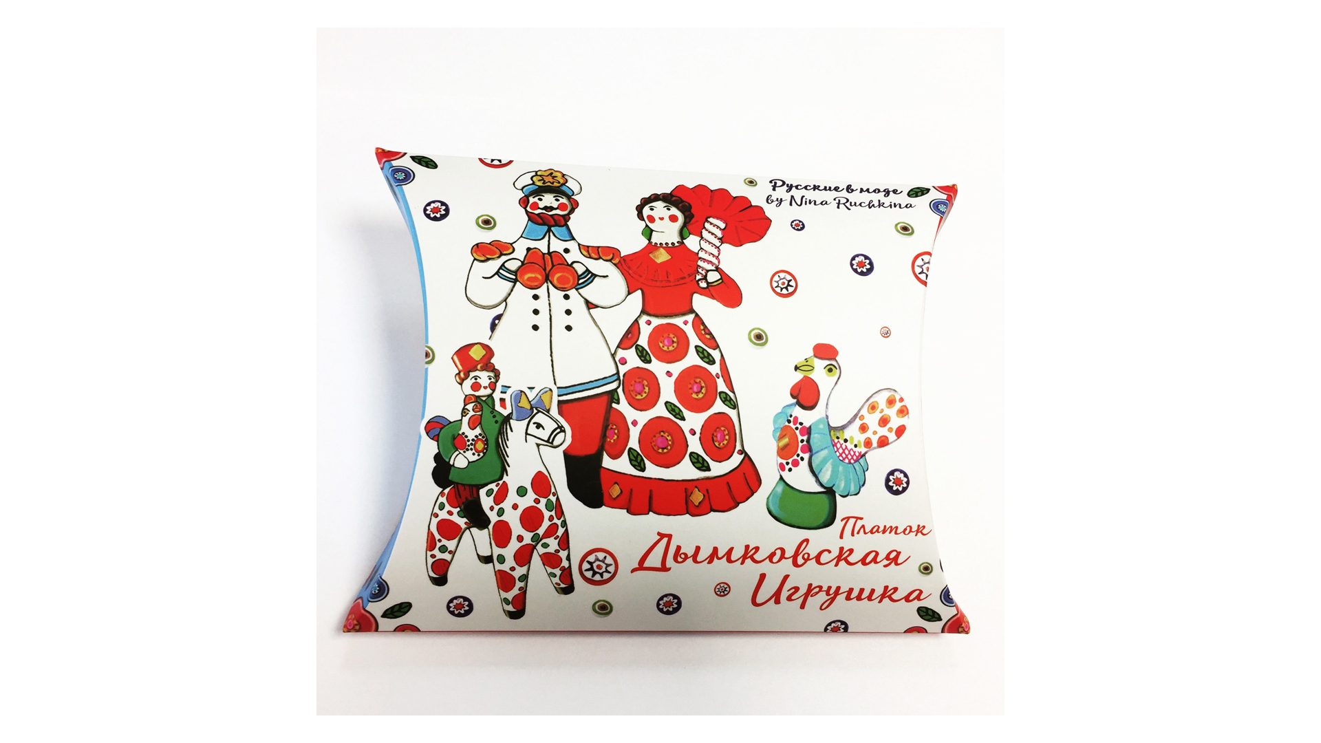 10633879 МД Нины Ручкиной Платок сувенирный "Дымковская игрушка" с ручной подшивкой 90х90см Ткань  - Вид №2