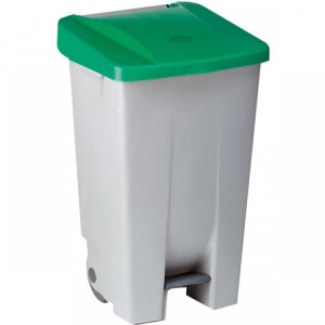 234102 DENOX Контейнер пластиковый серый с ручкой с зеленой крышкой с педалью на колесах 80 л. Серый с зеленой крышкой