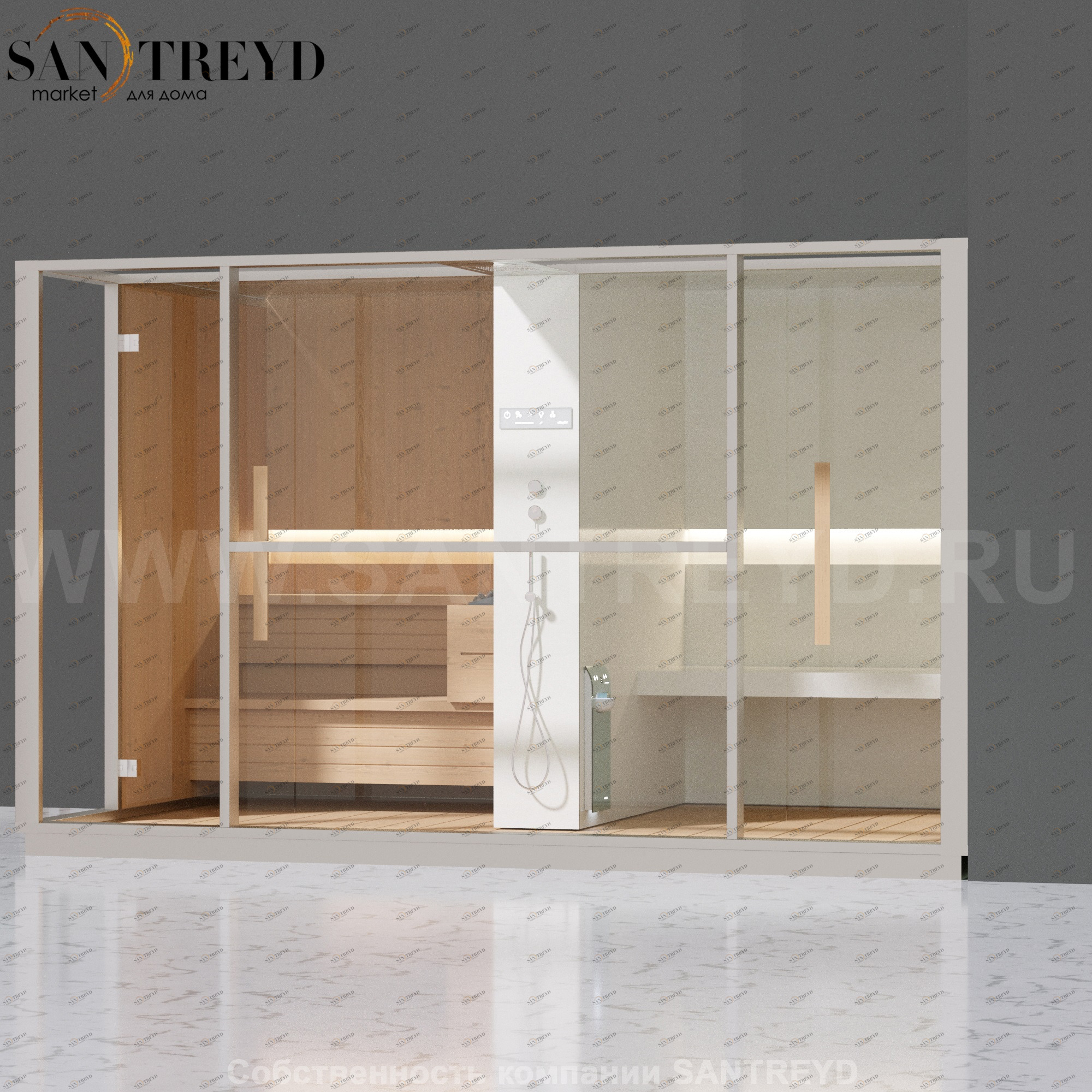 Effegibi LOGICA LO10020003 Комбинированная баня: хаммам и сауна. Установка: в правый угол. Мощность: 10,5 кВт макс. Размеры: длина 373 см, ширина 250 см. Отделка: канадский хемлок, матовый лакированный белый аллюминий и серый ламинат из керамогранита.