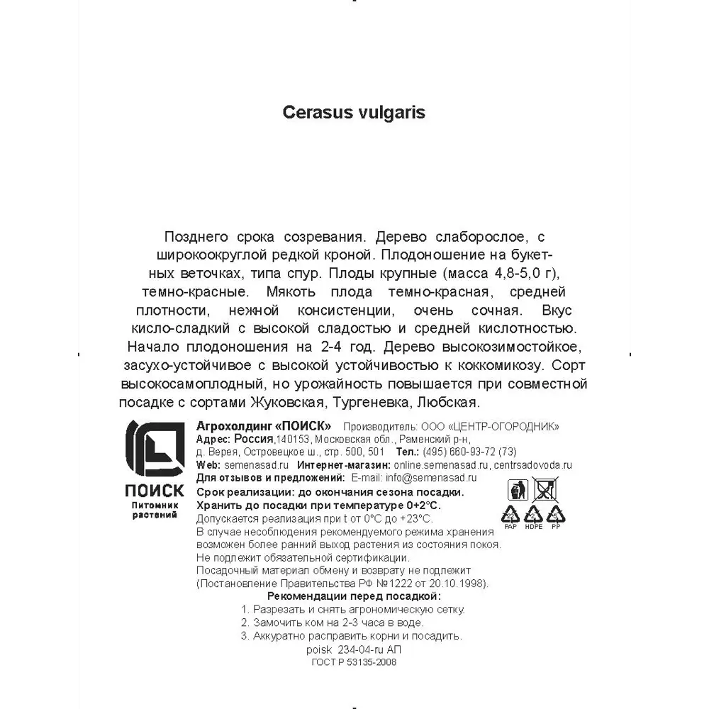 Вишня обыкновенная Тамарис h200 см в сетке Поиск Инвест 84399296 STLM-2189603 Santreyd  - Вид №2