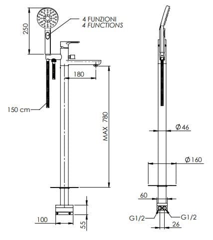 Смеситель для ванны из хромированной латуни с ручным душем Remer Rubinetterie Energy ARCH-00033348 - Вид №2