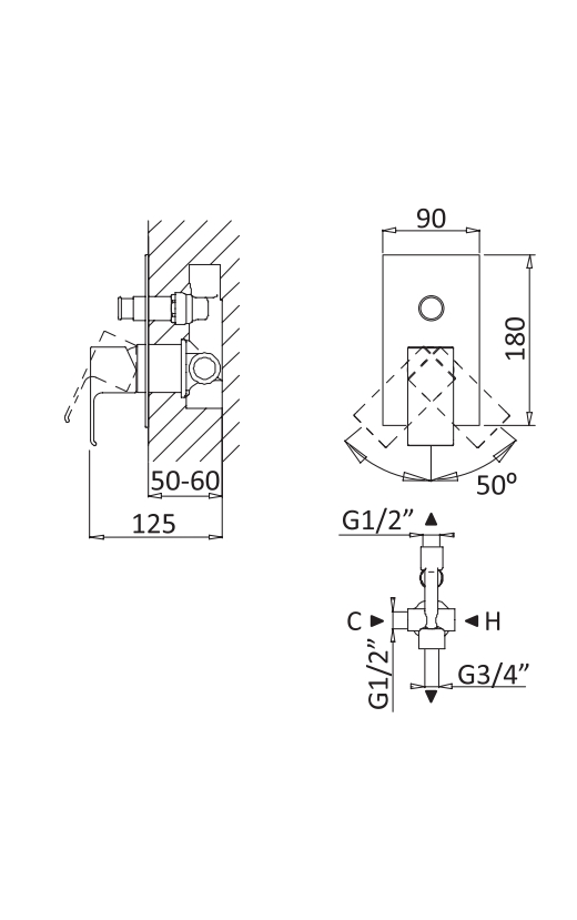 Встраиваемый однорычажный смеситель для душа с переключателем CEZARES PORTA-VDIM-01 - Вид №1