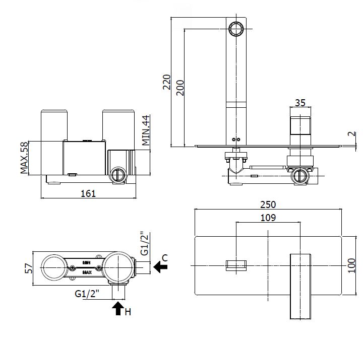 Смеситель для раковины встраиваемый однорычажный, излив 15 см CEZARES EFFECT-BLI-15-01 - Вид №1