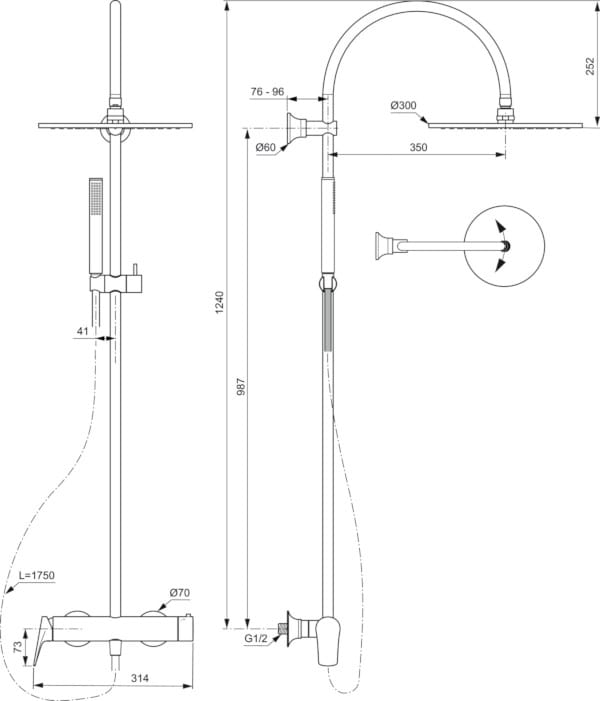 Настенная душевая колонна с ручным душем Ideal Standard La Dolce Vita ARCH-00079916 - Вид №16