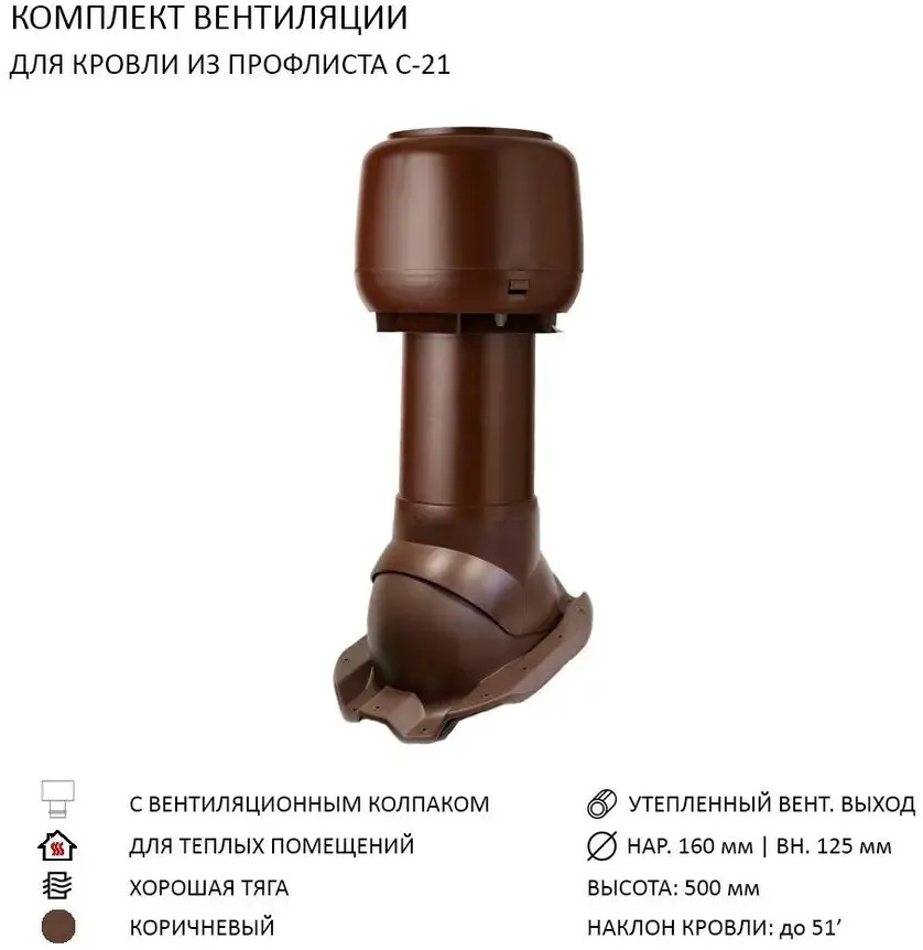91093560 Колпак Polivent D160 с вентиляционным выходом утепленным Н500 для кровельного профнастила С-21 мм цвет коричневый STLM-0480545