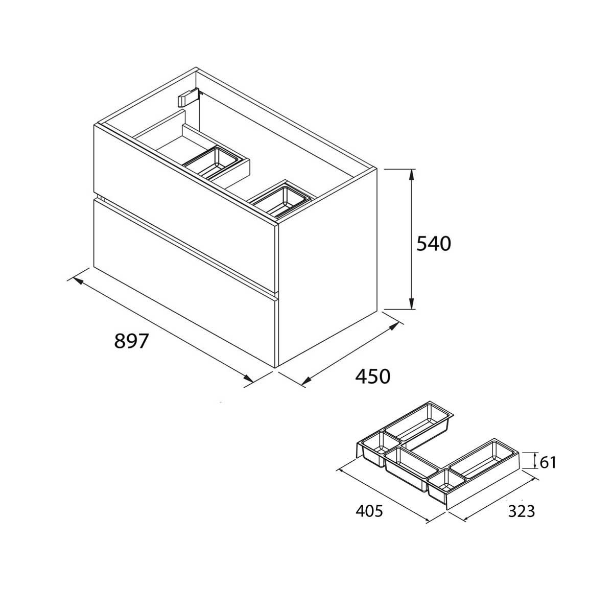 23329 SALGAR Мебель для умывальника FUSSION LINE 900 2 ящика GLOSS WHITE 897 x 540 x 450 мм Глянцевый белый - Вид №3