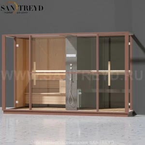 Effegibi LOGICA LO10030005 Комбинированная баня: хаммам и сауна. Установка: в правый  полуугол. Мощность: 10,5 кВт макс. Размеры: длина 373 см, ширина 250 см. Отделка: канадский хемлок, матовый лакированный коричневый аллюминий и темный ламинат из керамог