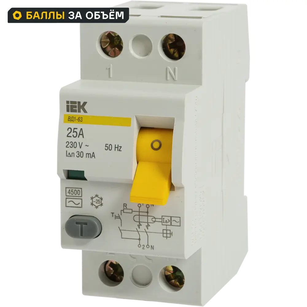 УЗО IEK ВД1-63 2P 25 A 30 мА 4.5 кА AС 11875582 STLM-2182170 