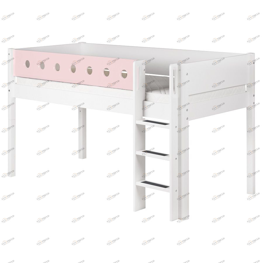 Кровать Flexa White с лестницей, 190 см, белая с розовым 801730818