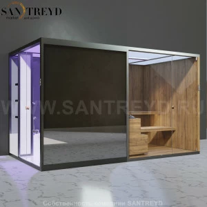 Effegibi BODYLOVE SH BL45230009 Боковая комбинированная баня: хаммам и сауна. Установка: к стене. Мощность: 15 кВт макс. Размеры: длина 393 см, ширина 176 см. Отделка: термообработанная древесина, гладкое стекло и зеркало.