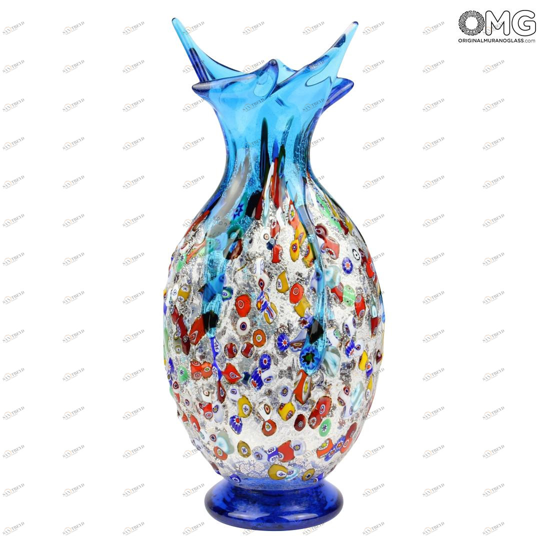 2166 ORIGINALMURANOGLASS Ваза Голубая чайка из муранского стекла с мурринами миллефиори и серебром 13 см 