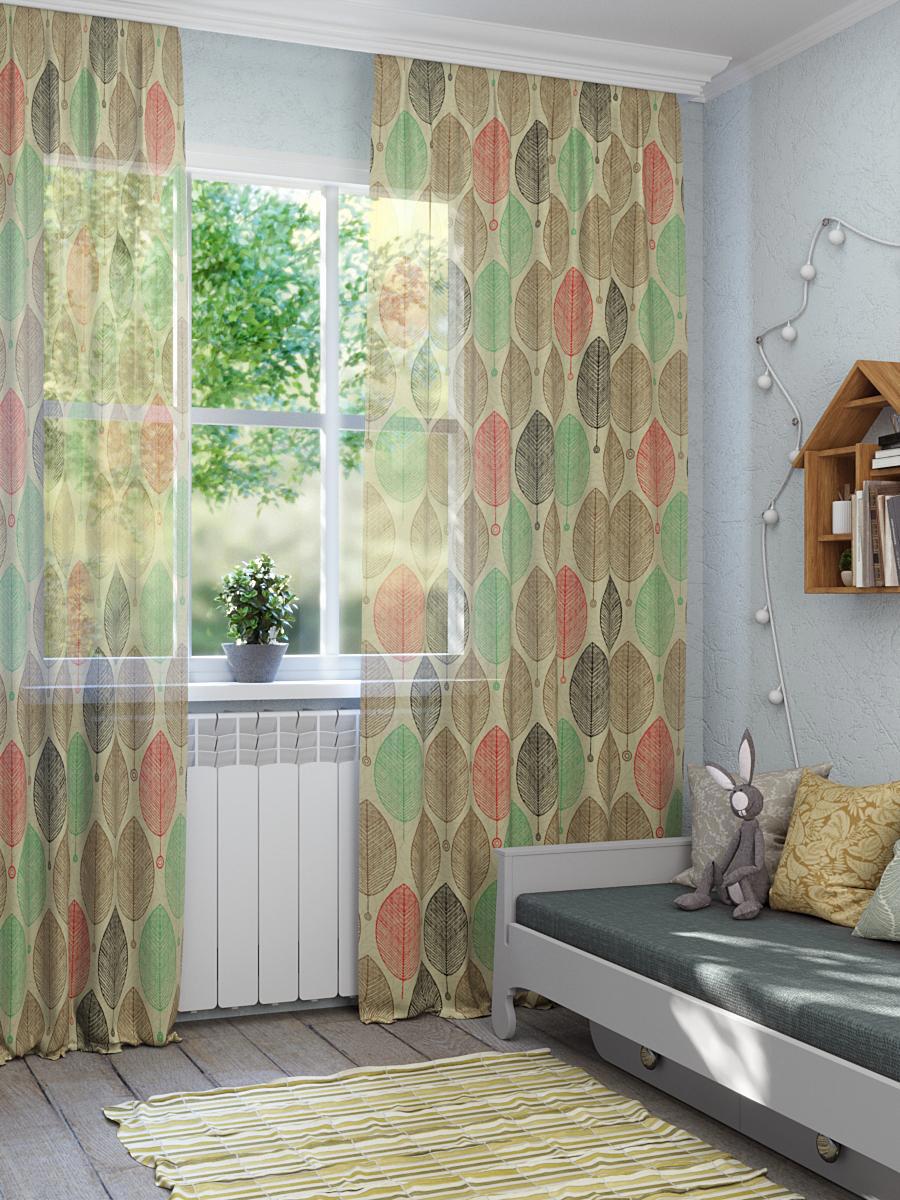 90492274 Тюль на шторной ленте Leaves 290х265 см цвет коричневый STLM-0250355 HOMEPICK