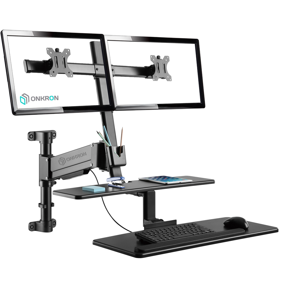 ONKRON W6G BLACK Крепление для 2-х мониторов, клавиатуры и мыши / для 17-27", вес 2х 0-6кг, макс. нагрузка на полку 2кг, vesa 75х75, 100х100, угол наклона: -45°~+45°, угол поворота: 180°+, вылет от основания: 390~1150мм, вертик перемещение: 490мм, установ Santreyd 