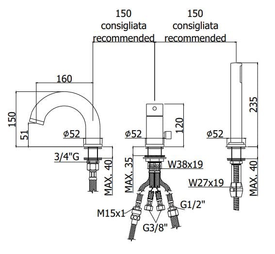 Смеситель для ванны с 3 отверстиями и ручным душем RUBINETTERIA PAFFONI Light ARCH-00016208 - Вид №2