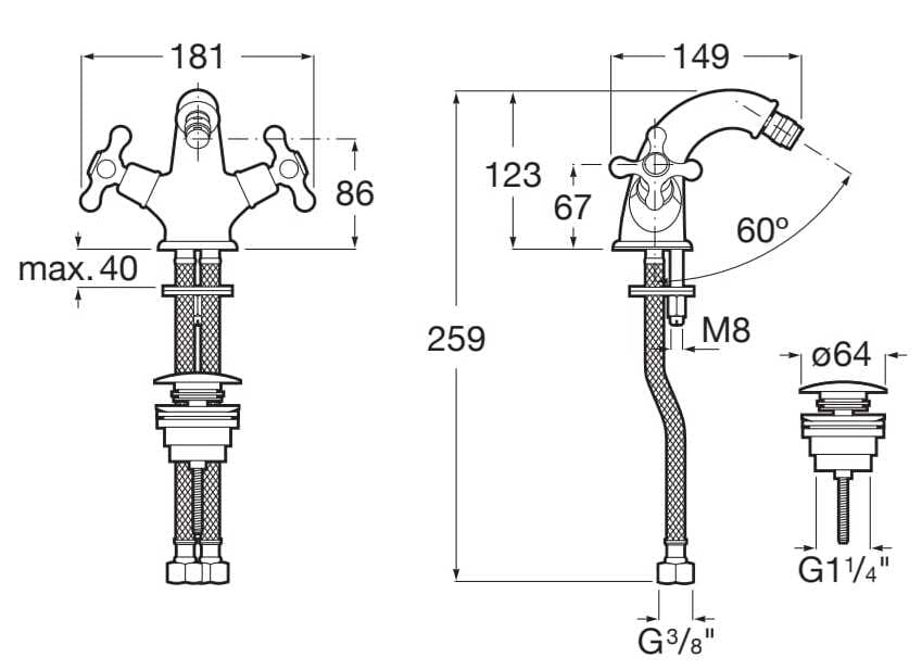 Хромированный латунный смеситель для биде с раздельными розетками Roca Carmen ARCH-00104150 - Вид №1
