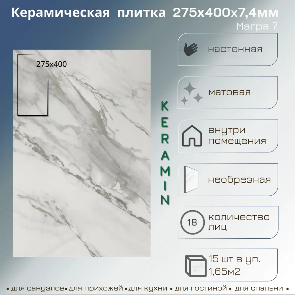 91010804 Настенная плитка Керамин Магра 7 27.5x40см 1.65 м² цвет белый, цена за упаковку STLM-0439040