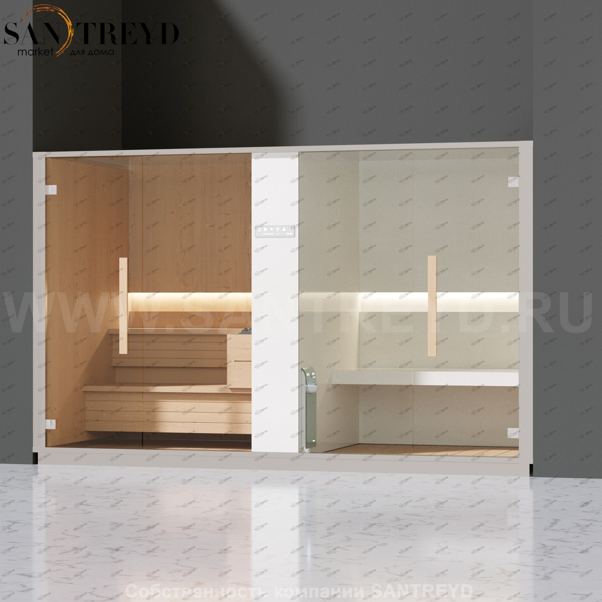 Effegibi LOGICA SH LO40020005 Комбинированная баня: хаммам и сауна. Установка: в нишу. Мощность: 10,5 кВт макс. Размеры: длина 373 см, ширина 171 см. Отделка: канадский хемлок, матовый лакированный белый аллюминий и серый ламинат из керамогранита.