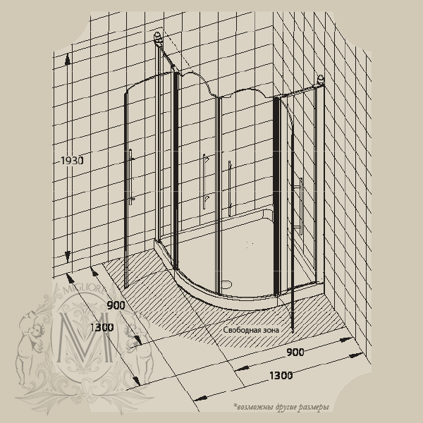 Душевой уголок стекло MIGLIORE Diadema, 90 х 90 х 185 см, стекло матовое с декором ML.DDM-22.690.ST.BR - Вид №3