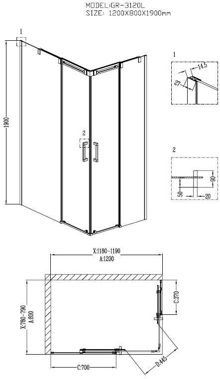 Душевое ограждение GROSSMAN GR-3120L Galaxy 120*80*190 прямоугольник, двери раздвижные - Вид №1