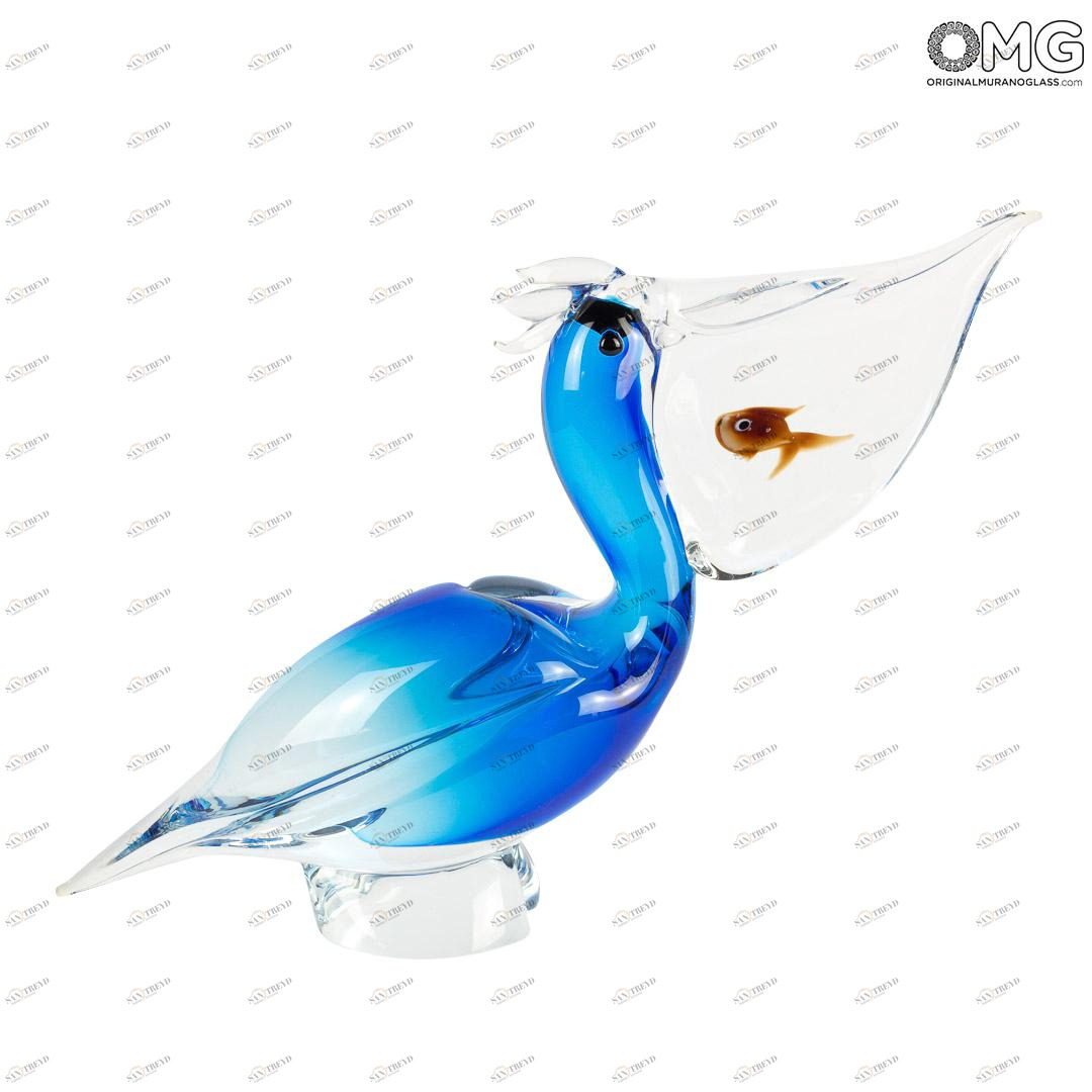 2856 ORIGINALMURANOGLASS Скульптура Пеликан с рыбой - соммерсо - муранское стекло OMG 22 см 