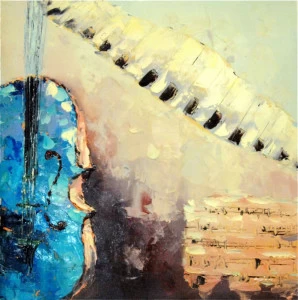 Картина на холсте 100х100 см "Синий контрабас" EVENHOME КАРТИНЫ МАСЛОМ 129881 Бежевый;голубой;желтый;разноцветный