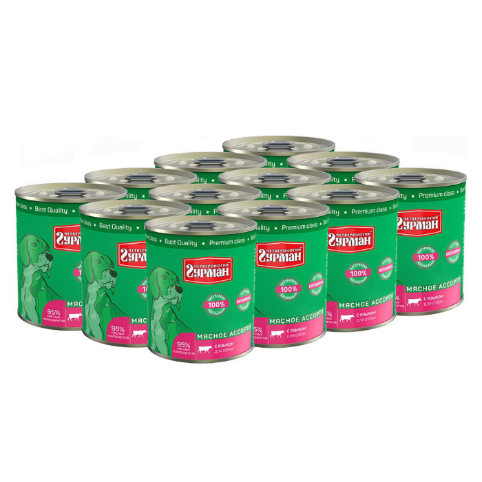 Т0055565*12 Корм для собак Мясное ассорти язык конс. 340г (упаковка - 12 шт) ЧЕТВЕРОНОГИЙ ГУРМАН 