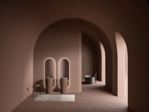 Круглый отдельно стоящий умывальник из мрамора и дуба