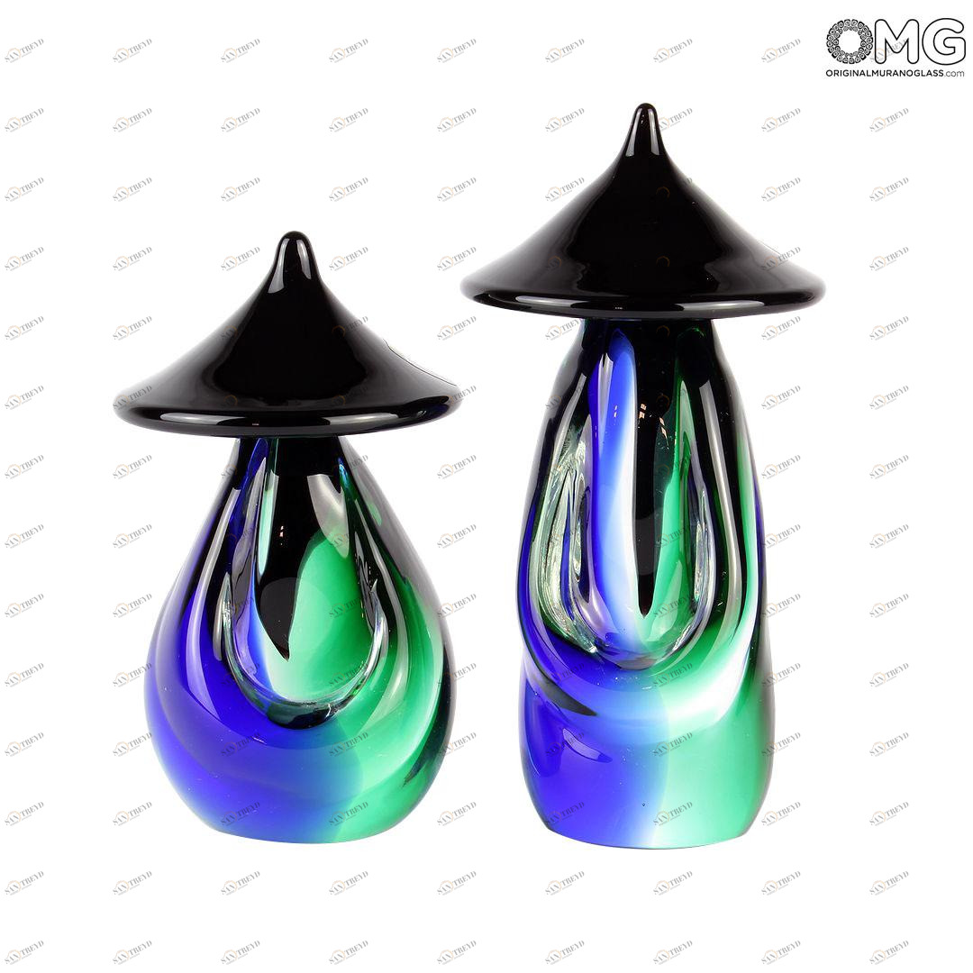 1920 ORIGINALMURANOGLASS Фигурка двух китайцев зелено-голубая - Этнические фигурки - муранское стекло 8 см 