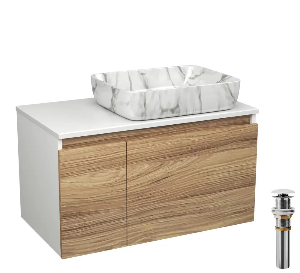 91777547 Комплект: тумба Bauedge Bau Dream Blackwood 80 BD3024 1 ящик дверца раковина прямоугольная BAU Hotel 48х37 мрамор выпуск клик клак белый STLM-0978209