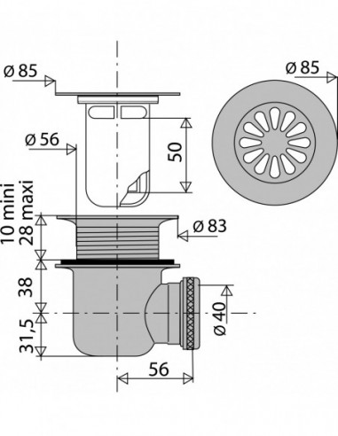 302100 000 00  Сифон для душевого поддона Д. 60 мм, решетка с круглой заслонкой и горизонтальный навинчивающийся выход, NF, из латуни Valentin Хром  - Вид №2