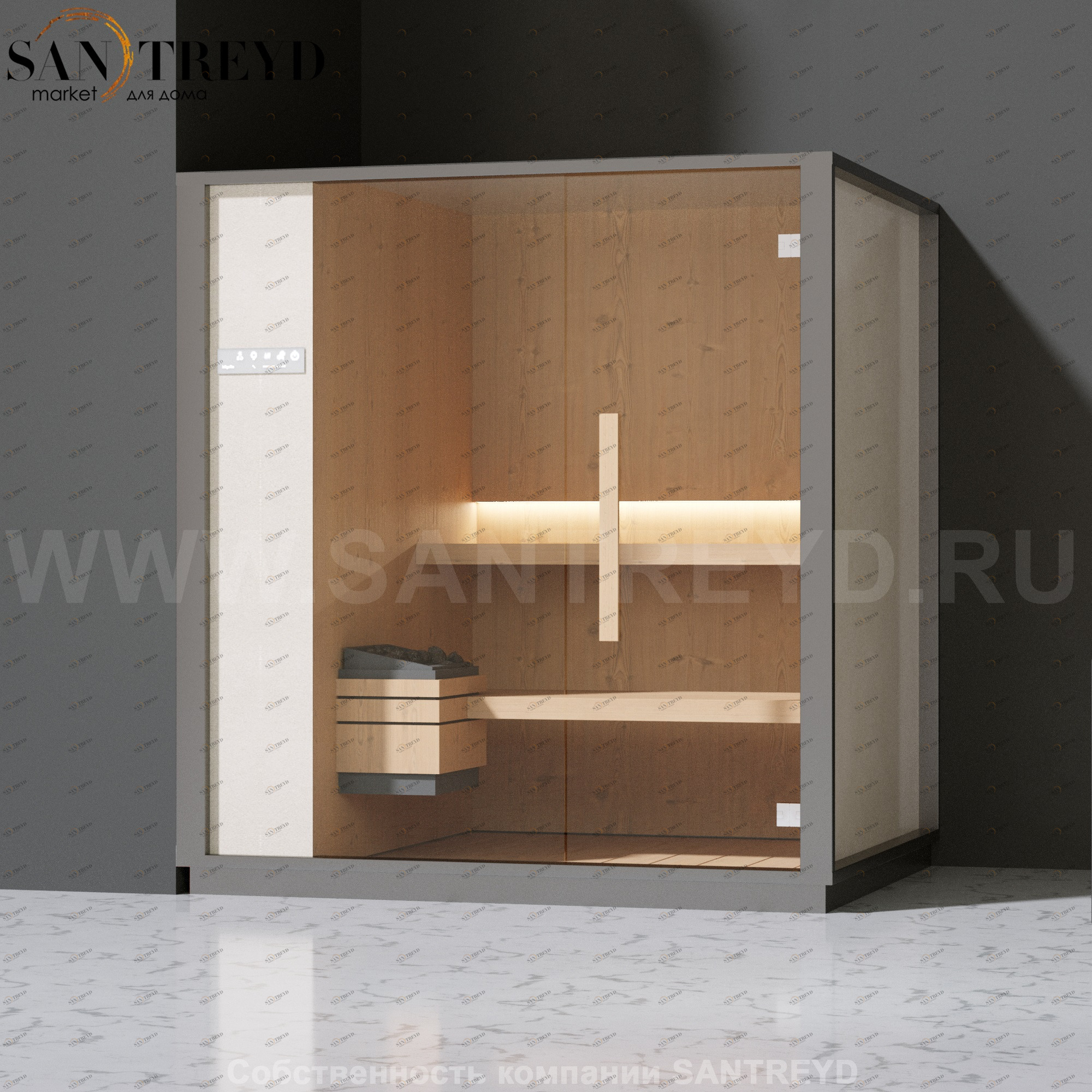 Effegibi ONE S LO50010006 Сауна. Установка: в левый угол. Левая дверь. Мощность: 6 кВт макс. Размеры: длина 214 см, ширина 171 см. Отделка: канадский хемлок, матовый лакированный серый аллюминий и бежевый ламинат из керамогранита.