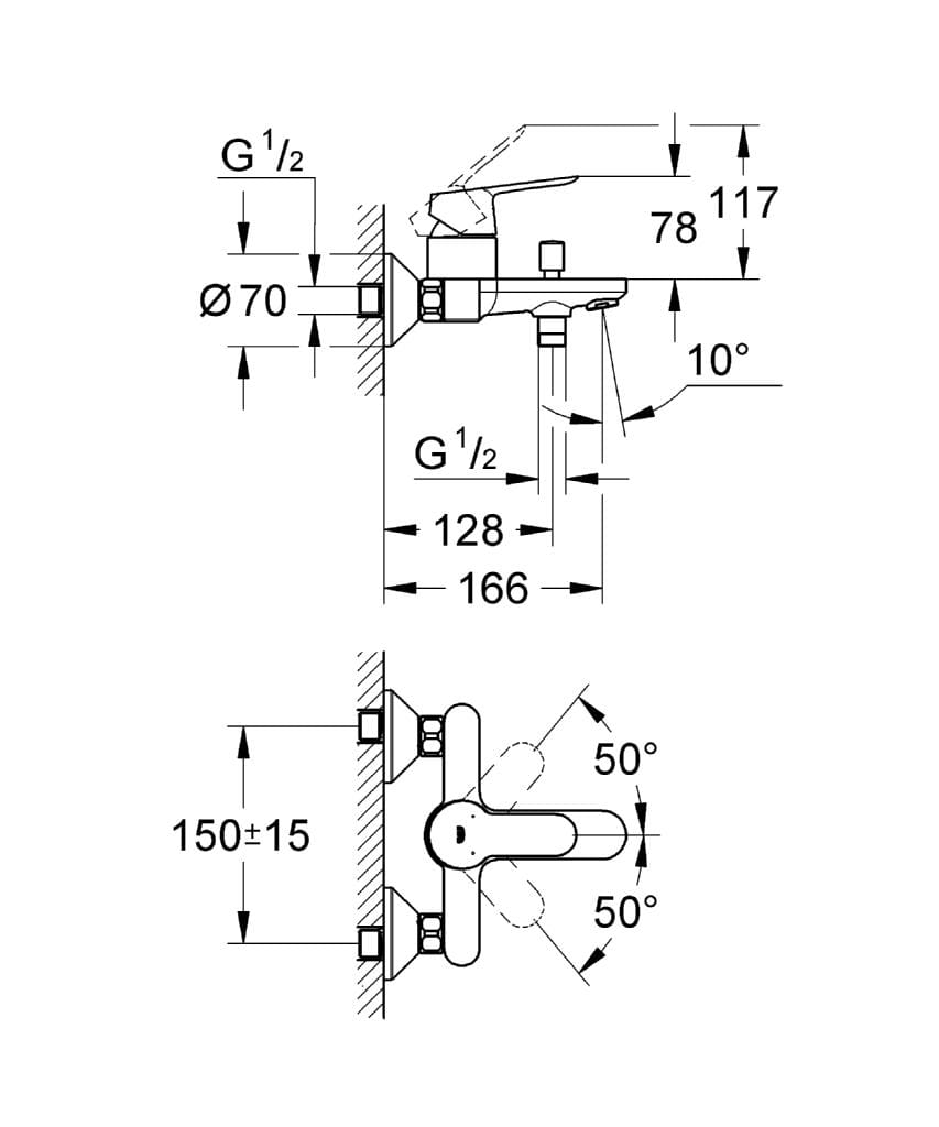 Однорычажный настенный смеситель для ванны / душа Grohe BauEdge ARCH-00065457 - Вид №2