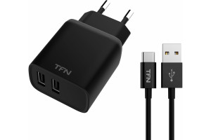 17494962 Сетевое зарядное устройство 2 USB RAPID 2.4A + кабель TypeC, черный -WCRPD12W2U03 TFN