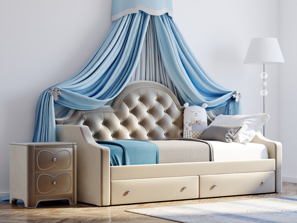 Прикроватная тумбочка с 2 ящиками и гвоздиками "Бант" мягкая синяя Vary Bed KREIND  00-3879904 Синий Santreyd  - Вид №2