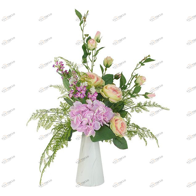 Цветы искусственные в керамической вазе 25 см "Розы и гортензии" DREAM GARDEN  00-3946464 Белый;зеленый;розовый 