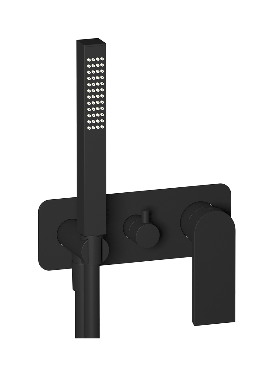 Внешние части встроенного в стену смесителя на 2 потребителя в комплекте с душевым гарнитуром. WE ARE IB k3313np Matt Black K3