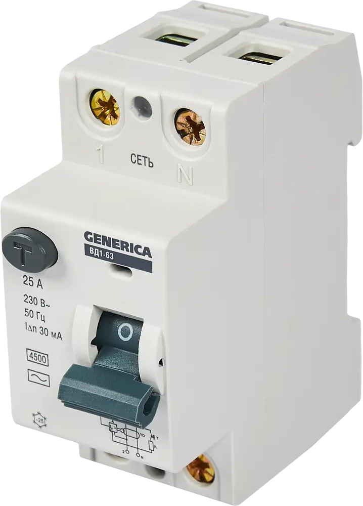 84798340 УЗО Generica ВД1-63 2P 25 A 30 мА 4.5 кА AC STLM-0055300