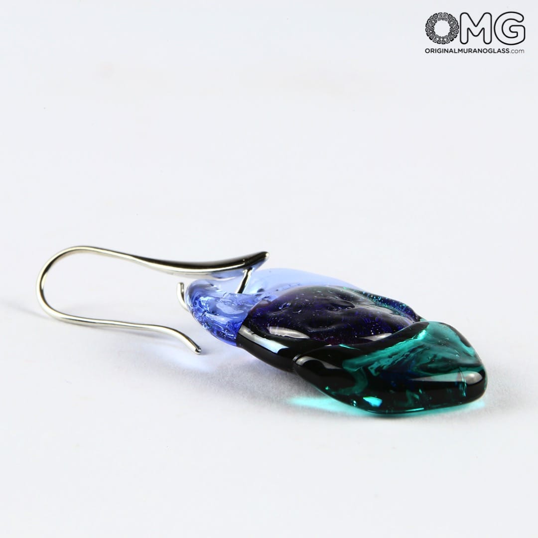 2466 ORIGINALMURANOGLASS Трёхцветные серьги из стекла соммерсо - зелёный и фиолетовый - муранское стекло - Original Murano Glass OMG 2 см  - Вид №1
