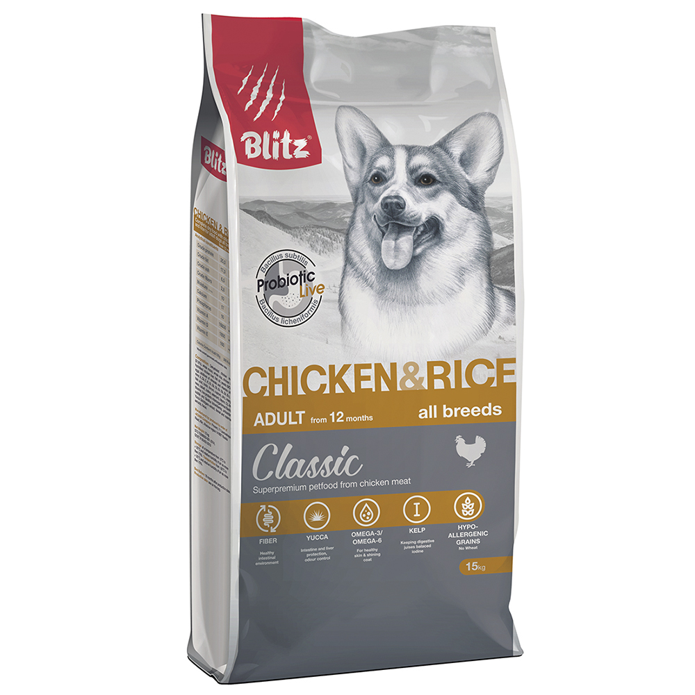 ПР0055588 Корм для собак Classic курица, рис сух. 15кг Blitz 