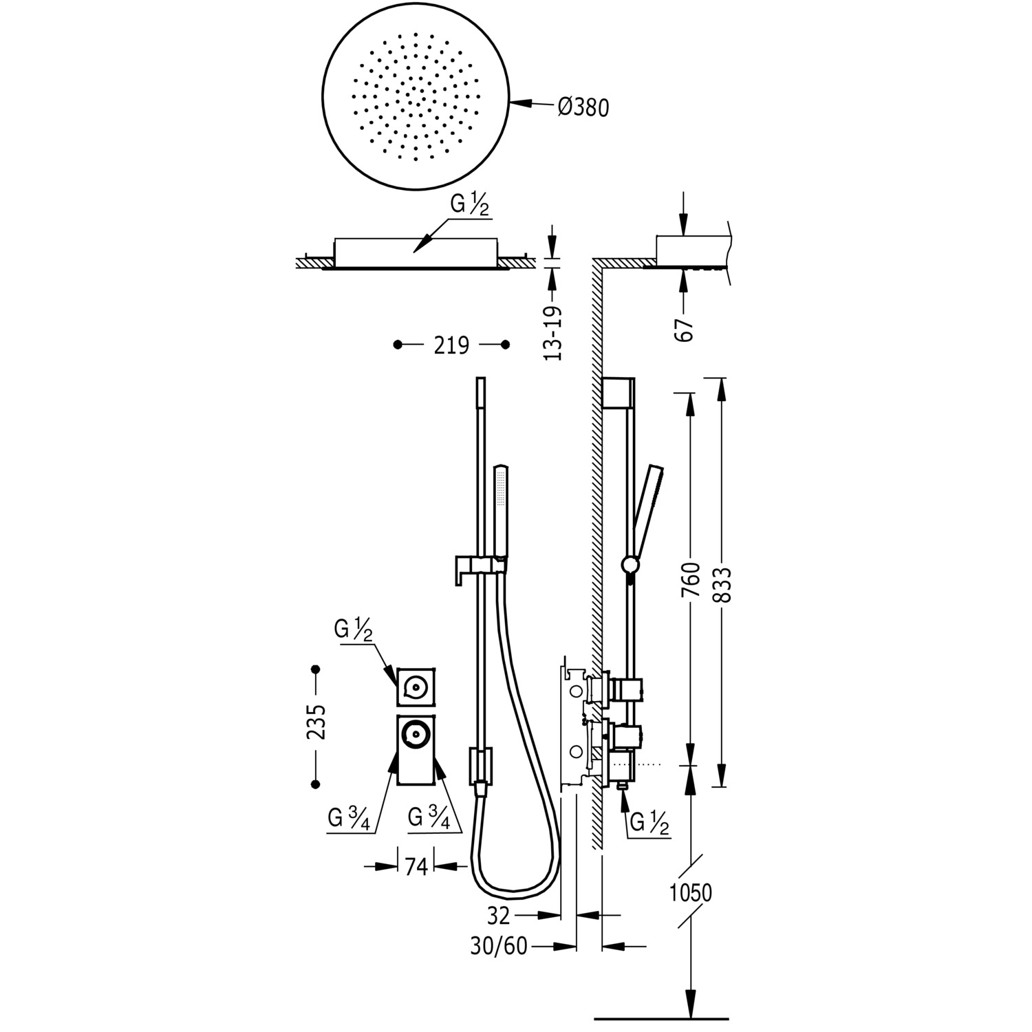 БЛОЧНАЯ СИСТЕМА блочная система 2-ходовой скрытый термостатический смеситель для душа kit-20635203NM TRES Thermostatic - Вид №1