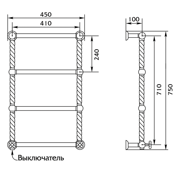 Полотенцесушитель MIGLIORE Edera ML.ADR-EL.100.CR 41 x 77.5 см - хром, провод слева ML.EDR-EL.100.CR - Вид №1