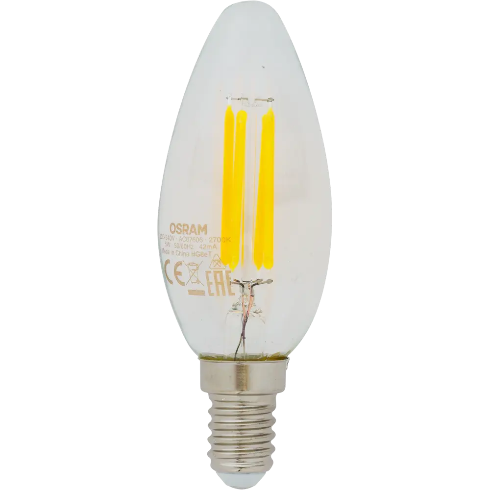 Лампа светодиодная Osram E14 220 В 5 Вт свеча 660 лм тёплый белый свет STLM-2187719