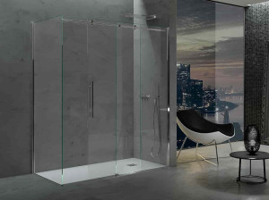 Стальная и стеклянная угловая душевая кабина с раздвижной дверью