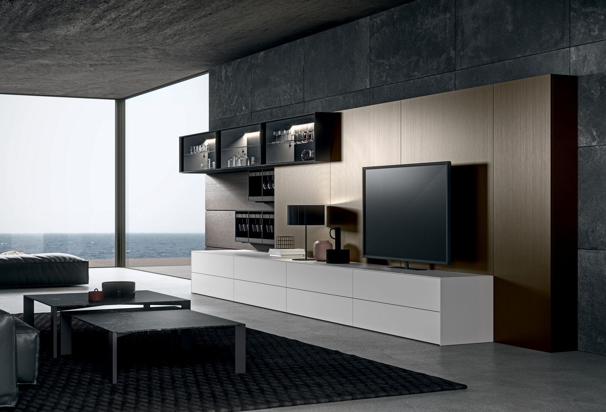 Деревянная и алюминиевая оборудованная стена с подставкой для телевизора MODULNOVA MH6 ARCH-00028898 - Вид №1