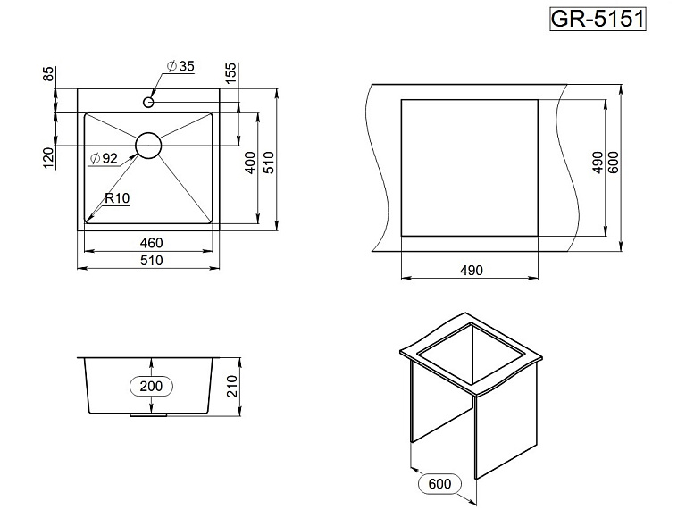 5151, СТАЛЬ САТИН, стальная кухонная мойка GRANULA 5151-ST299 - Вид №2