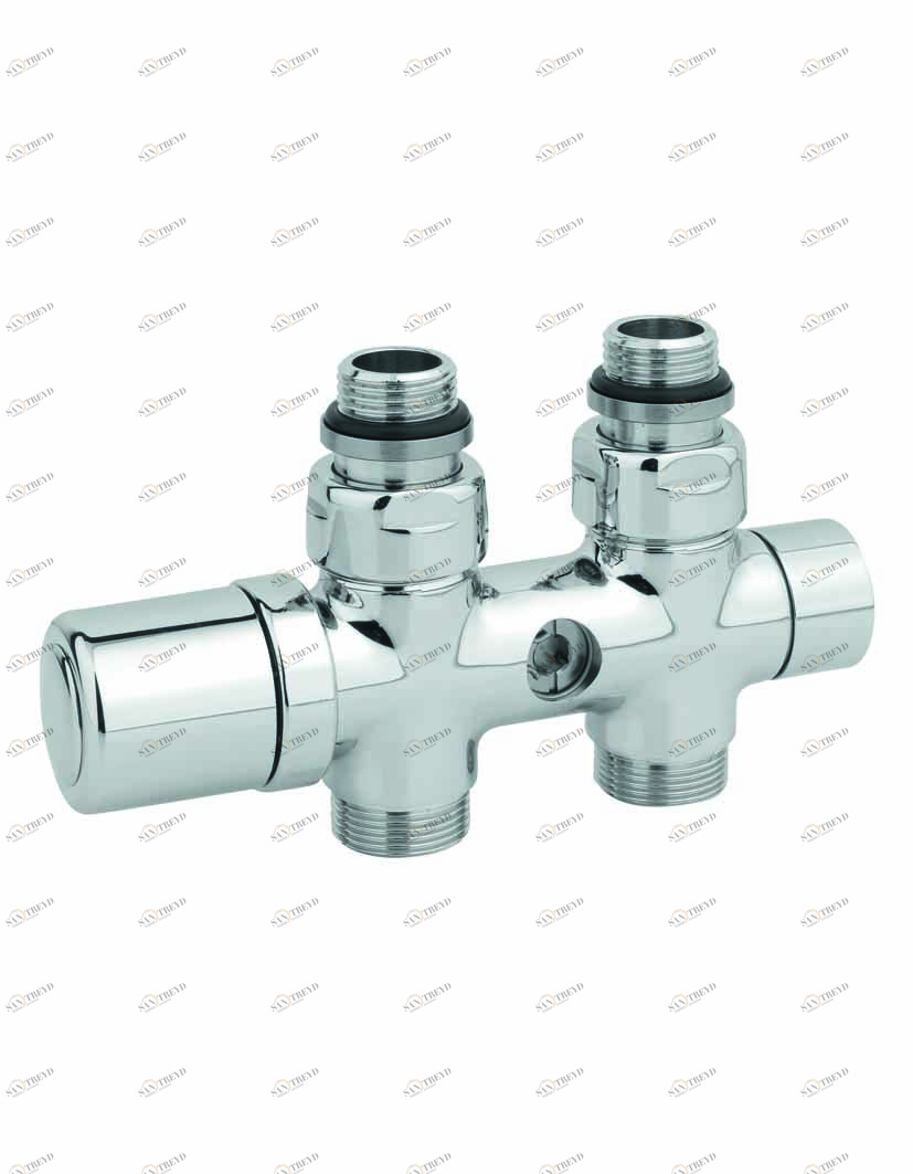 Carlo Poletti V42500M Клапан термостатический, одно/двухтрубный с by-pass и держателем, центральное подсоединение. Версия угловая с подключением медной или пластиковой трубы. Межосевое расстояние 50 мм 