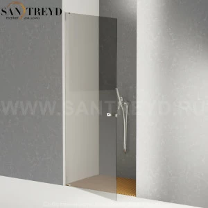 Душевое ограждение FLAT D подрезаемое, стеклянная нишевая с дверью дымчатая перегородка с поддоном из тика. Размеры: длина от 68,2 до 100 см