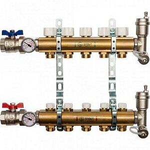 Распределительный коллектор из латуни STOUT 1" х 3/4" х 5 выходов без расходомеров