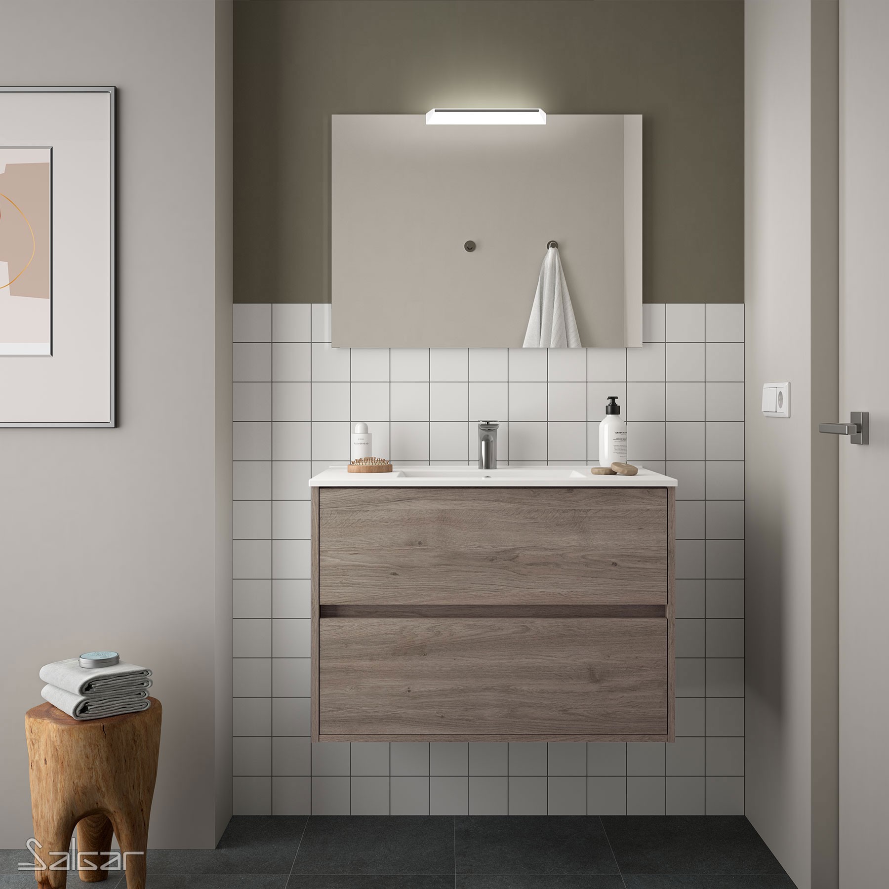85041 SALGAR Комплект мебели для ванной NOJA 800 ETERNITY OAK + Раковина + Зеркало + Свет Робл Вечность